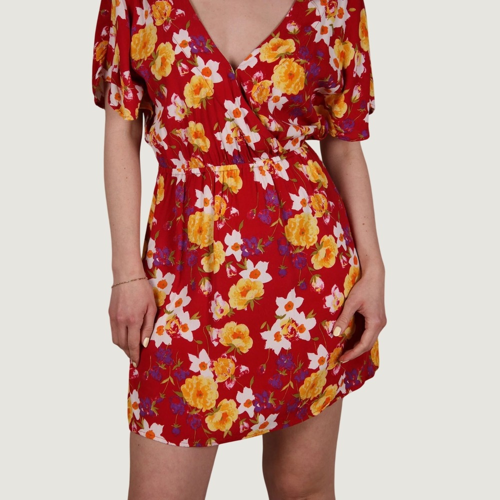 & Other Stories Dress Womens 8 Red Floral Los Angeles Atelier Wrap Mini V-Neck